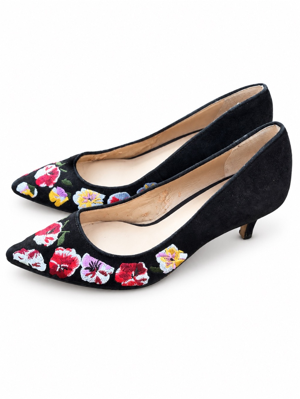 Ann Taylor Black Floral Velvet Embroidered Pointed Toe Kitten Heel Pumps 7 M